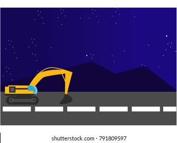 excavator cartoon on night landscape