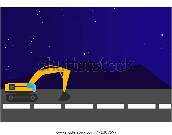 excavator cartoon on night\
landscape