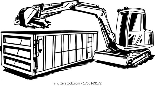 Excavator Cleaning Up Garbage or Scrap Metal into a Roll-off Container