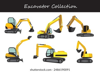 excavadora de colección. excavadora en diferentes poses. Ilustración vectorial.