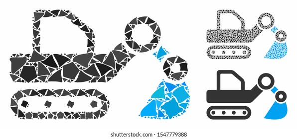 Excavator composition of uneven pieces in various sizes and color hues, based on excavator icon. Vector uneven parts are combined into composition. Excavator icons collage with dotted pattern.