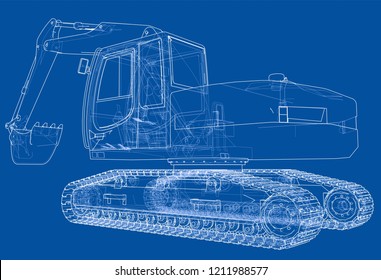 Excavator concept outline. Vector rendering of 3d. Wire-frame style. The layers of visible and invisible lines are separated