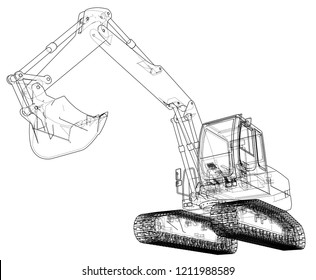 Excavator concept outline. Vector rendering of 3d. Wire-frame style. The layers of visible and invisible lines are separated