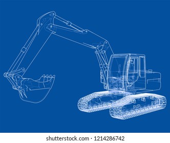 Excavator concept outline. Vector rendering of 3d. Wire-frame style. The layers of visible and invisible lines are separated