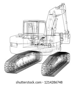 Excavator concept outline. Vector rendering of 3d. Wire-frame style. The layers of visible and invisible lines are separated