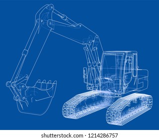 Excavator concept outline. Vector rendering of 3d. Wire-frame style. The layers of visible and invisible lines are separated
