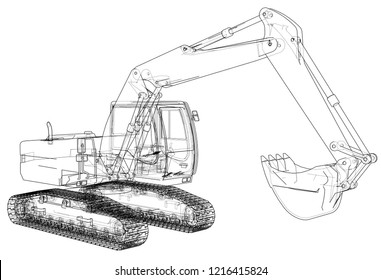 Excavator concept outline. Vector rendering of 3d. Wire-frame style. The layers of visible and invisible lines are separated