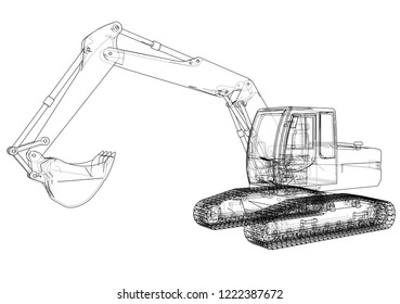 Excavator concept outline. Vector rendering of 3d. Wire-frame style. The layers of visible and invisible lines are separated