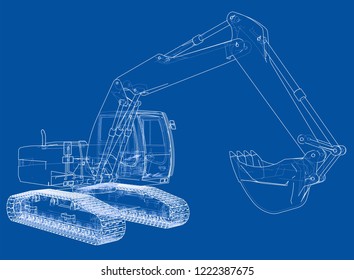 Excavator concept outline. Vector rendering of 3d. Wire-frame style. The layers of visible and invisible lines are separated