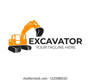 Excavator, construction and industrial machinery, transport and construction, logo template. Backhoe, digger and crawler excavator in working, vector design, illustration