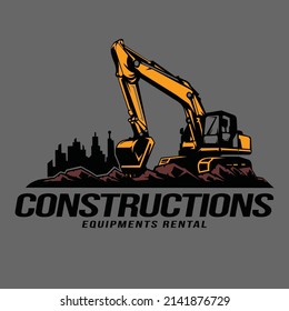 Excavator and construction logo with buildings