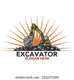 Excavator construction logo design, excavator logo element heavy equipment work with the sun. transportation vehicle mining. vintage hand drawn illustration style.