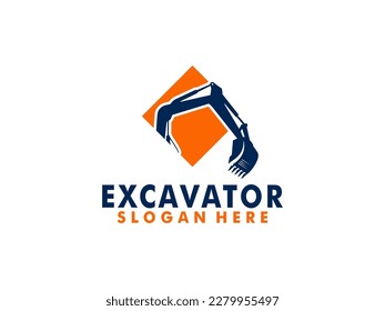 Diseño del logotipo de construcción de excavadoras, trabajo de equipo pesado con el logotipo de la excavadora. minería de vehículos de transporte