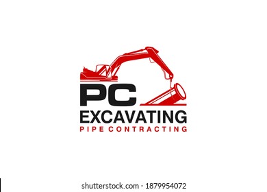 Excavator construction logo design, sawer work, excavator logo element heavy equipment work. pipe construction.