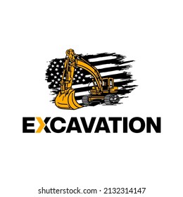 Excavator construction logo design with US American flag