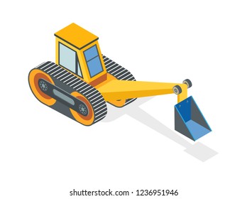 Excavator construction machine with dig bucket, icon vector. Industrial usage machinery, excavation equipment earthworks service, bulldozer dredger