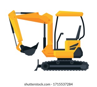 Excavator Construction Machinery, Heavy Special Transport, Side View Flat Vector Illustration