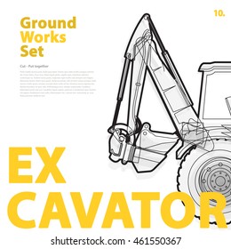 Excavator - construction machinery. Typography set of ground works machines vehicles on white. Construction equipment for building. Master vector illustration. Truck, Digger, Crane, Forklift, Roller