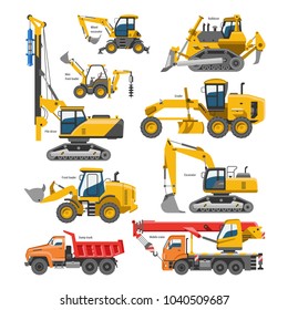 Excavator for construction vector digger or bulldozer excavating with shovel and excavation machinery industry illustration set of constructive vehicles and digging machine isolated on background