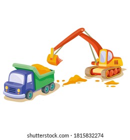 excavator construction worker pouring sand into a big truck, cartoon illustration, isolated object on white background, vector illustration, eps