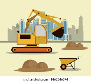 Excavator in construction zone with machinery scenery, under construction and buildings. vector illustration graphic design