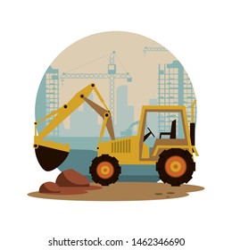 Excavator in construction zone with machinery scenery, under construction and buildings. vector illustration graphic design