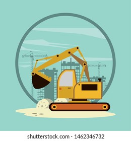 Excavator in construction zone with machinery scenery, under construction and buildings. vector illustration graphic design