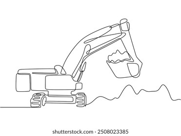 Excavator Continuous Line Drawing. One line illustration of construction equipment.