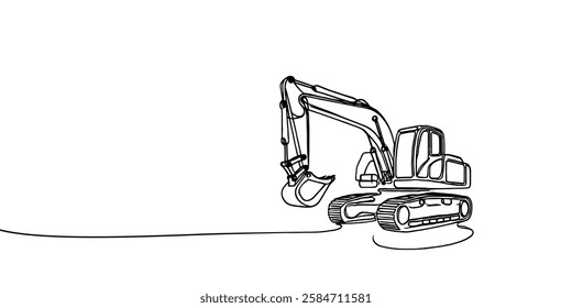 Excavator Continuous Line Drawing. One line illustration of construction equipment.