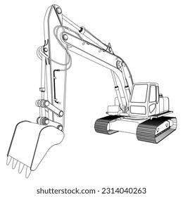 Excavator contour from black lines isolated on white background. Perspective view. 3D. Vector illustration.