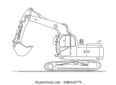 Excavator contour vector, special machines for construction work, classic realistic template, vector illustration in black and white.