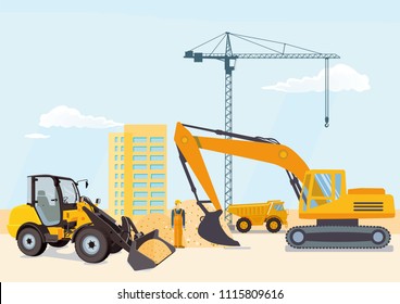 Excavator and crane, wheel loader 