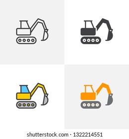 Excavator, Crawler Digger Icon. Line, Glyph And Filled Outline Colorful Version, Excavator Truck Outline And Filled Vector Sign. Symbol, Logo Illustration. Different Style Icons Set