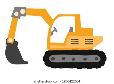 The excavator is cute in the style of a cartoon. Vector illustration of a yellow construction machine. on a white isolated background. For T-shirt print
