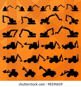 Excavator detailed editable silhouettes illustration collection in construction site background vector