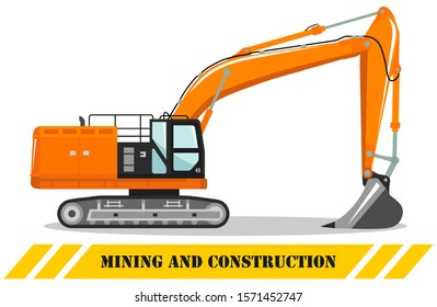 Excavator. Detailed illustration of heavy mining machine and construction equipment. Vector illustration.