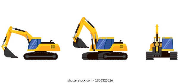 Excavadora en diferentes ángulos. Maquinaria especial al estilo de las caricaturas.