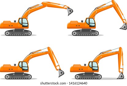 Excavator with different boom position. Detailed illustration of heavy mining machine and construction equipment. Vector illustration.