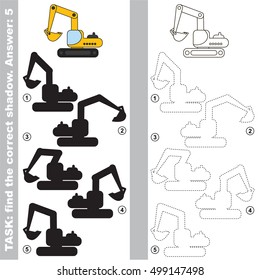 Excavator with different shadows to find the correct one, to compare and connect object with it true shadow, this is the educational kid game with easy game level. Visual game for preschool children.