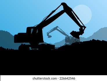 Excavator digger in action vector background concept