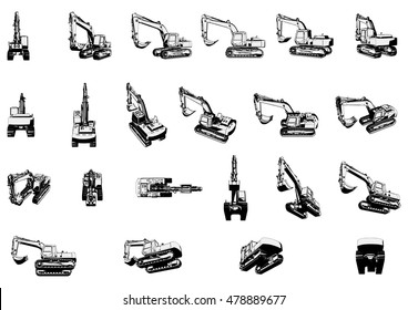 Excavator. digger. building machines set. vector illustration.