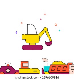 Excavator, digger filled line vector icon, simple illustration, special transport related bottom border.