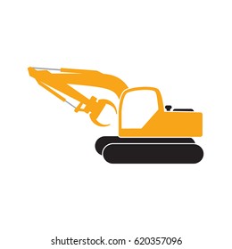 Excavator or digger having grabber installed. Construction yellow colors.