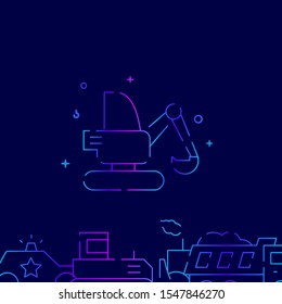 Excavator, digger vector gradient line icon, illustration, symbol or pictogram, sign. Dark blue background. Related bottom border.