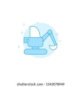Excavator, digger vector icon. Flat illustration. Filled line style. Blue monochrome design. Editable stroke. Adjust line weight.