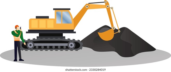 excavator digging coal mine in quarry area vector illustration, Mine workers arrange the transport of coal mines, A large construction excavator and construction worker, coal mining industry