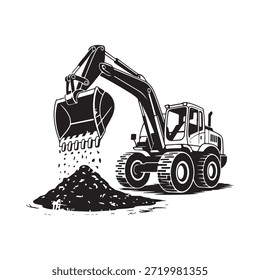 Escavadora cavando e despejando uma pilha de terra ilustração monocromática