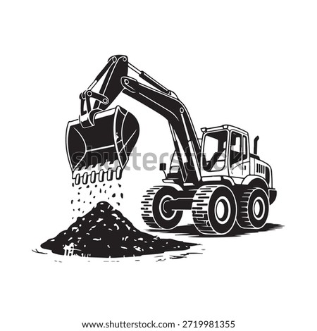 Excavator digging and dumping a pile of earth monochrome illustration