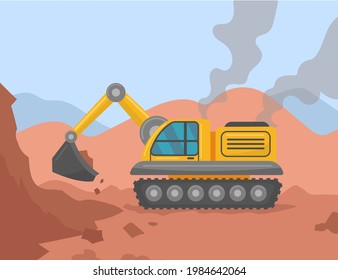 Excavator digging ground on construction site illustration. Heavy yellow construction machinery doing earthwork. Industry, construction, transportation concept