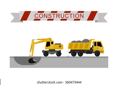 Excavator digging pit in the ground and load truck. Construction machines in flat style. Vector icons of building machinery.